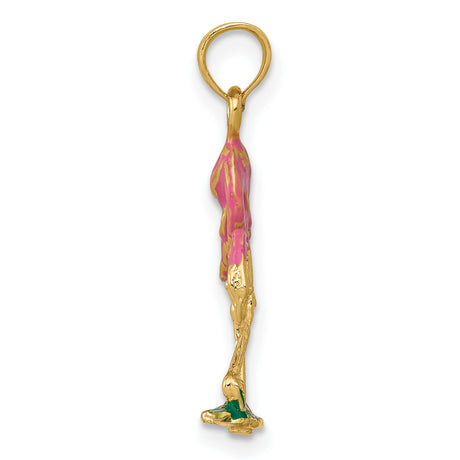 10k Yellow Gold Flamingo Pendant with Pink and Green Enamel, Tropical Bird Charm