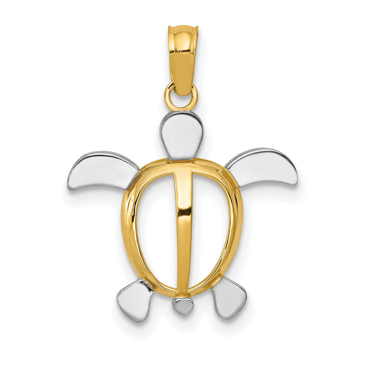 10k Yellow Gold and Rhodium Sea Turtle Pendant, Two-Tone Marine Life Design