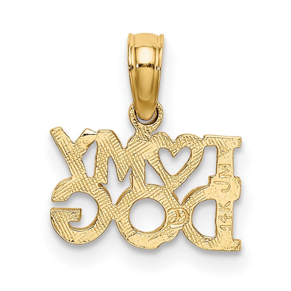 10k Yellow Gold Dog Pendant, I Heart My Dog Charm with Polished Bold Lettering, Unisex Jewelry
