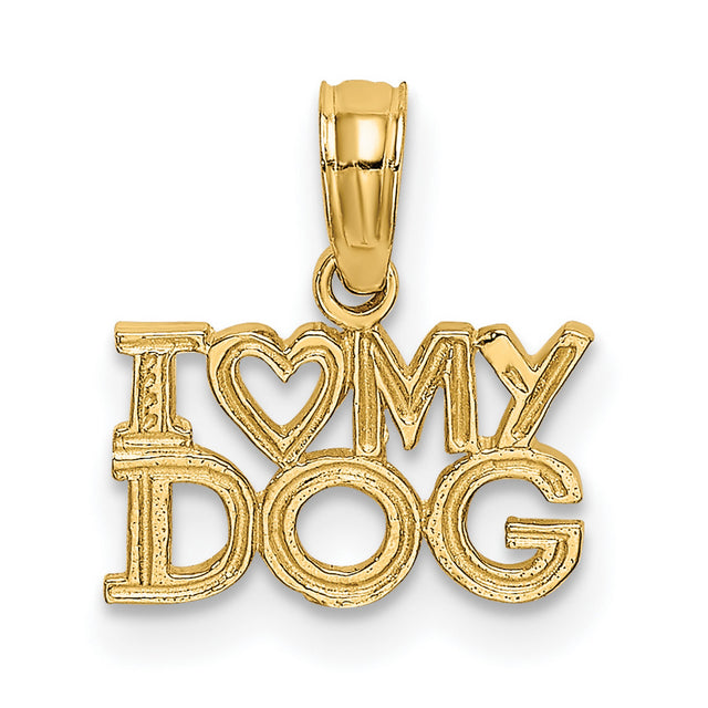 10k Yellow Gold Dog Pendant, I Heart My Dog Charm with Polished Bold Lettering, Unisex Jewelry