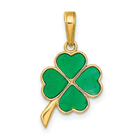 10k Yellow Gold Four-Leaf Clover Pendant with Green Enamel, Lucky Charm Jewelry