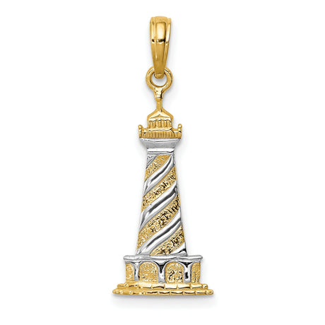 10k Multi-Tone Gold Lighthouse Pendant with Rhodium Detail, Nautical Spiral Design