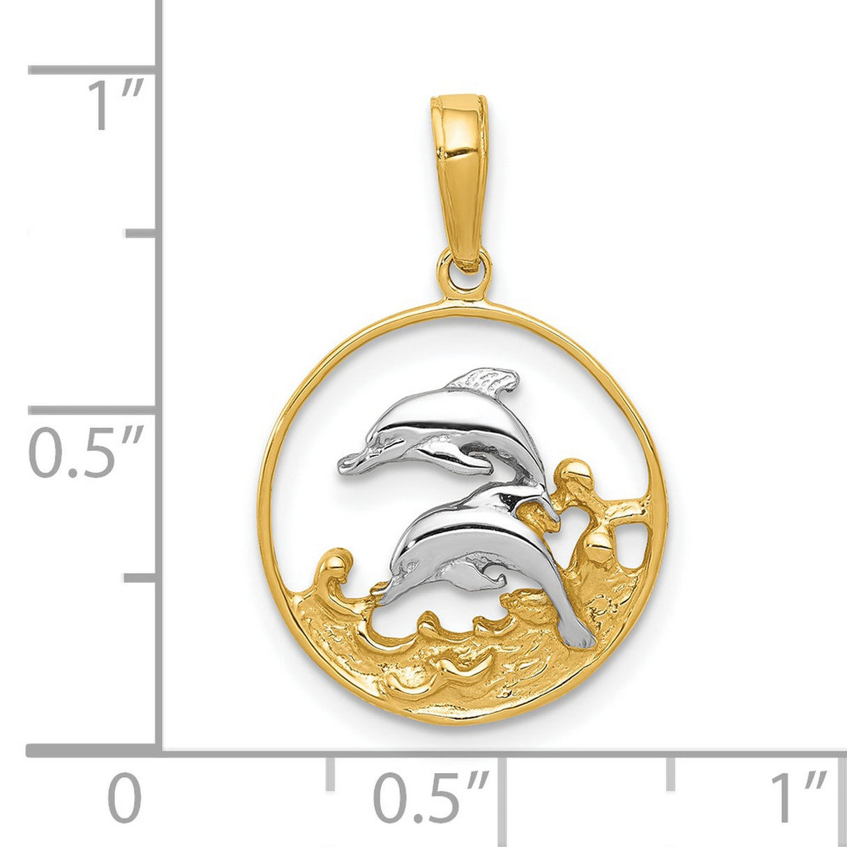 10k Multi-Tone Gold Dolphin Pendant with Rhodium Accent and Ocean Wave Design