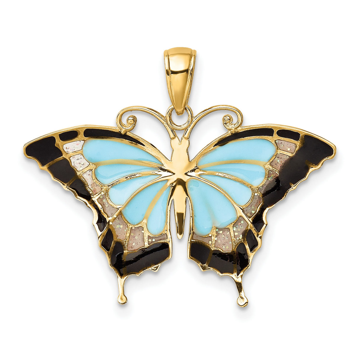 10k Yellow Gold Butterfly Pendant with Turquoise, Black, and Opalescent Enamel Accents