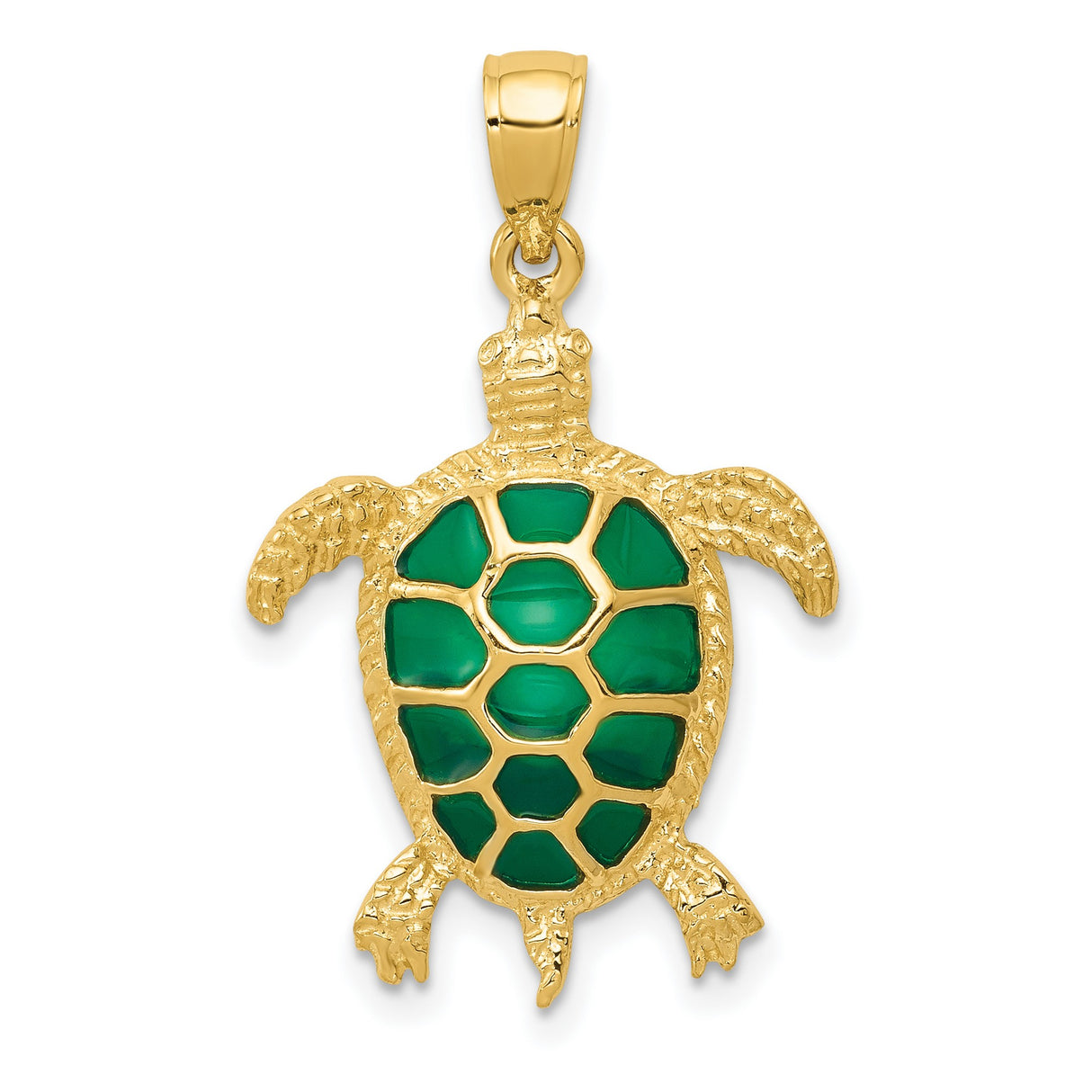 10k Yellow Gold Sea Turtle Pendant with Green Enamel Shell, Nautical Ocean Animal Charm