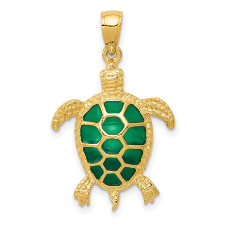 10k Yellow Gold Sea Turtle Pendant with Green Enamel Shell, Nautical Ocean Animal Charm