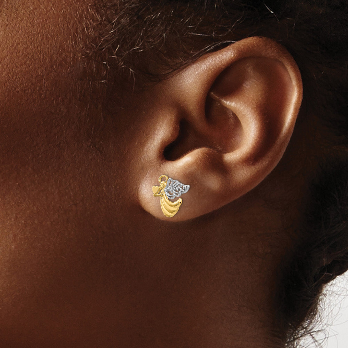 10k Yellow Gold Angel Stud Earrings with Heart and Detailed Wings Design