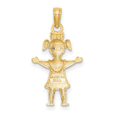 10k Yellow Gold Girl Pendant Charm with Pigtails and Bow, Polished Family Love Keepsake Jewelry