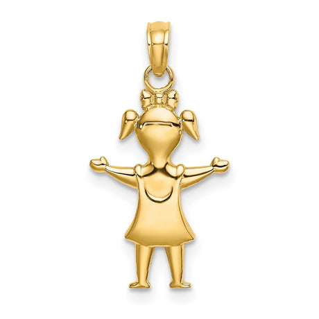10k Yellow Gold Girl Pendant Charm with Pigtails and Bow, Polished Family Love Keepsake Jewelry