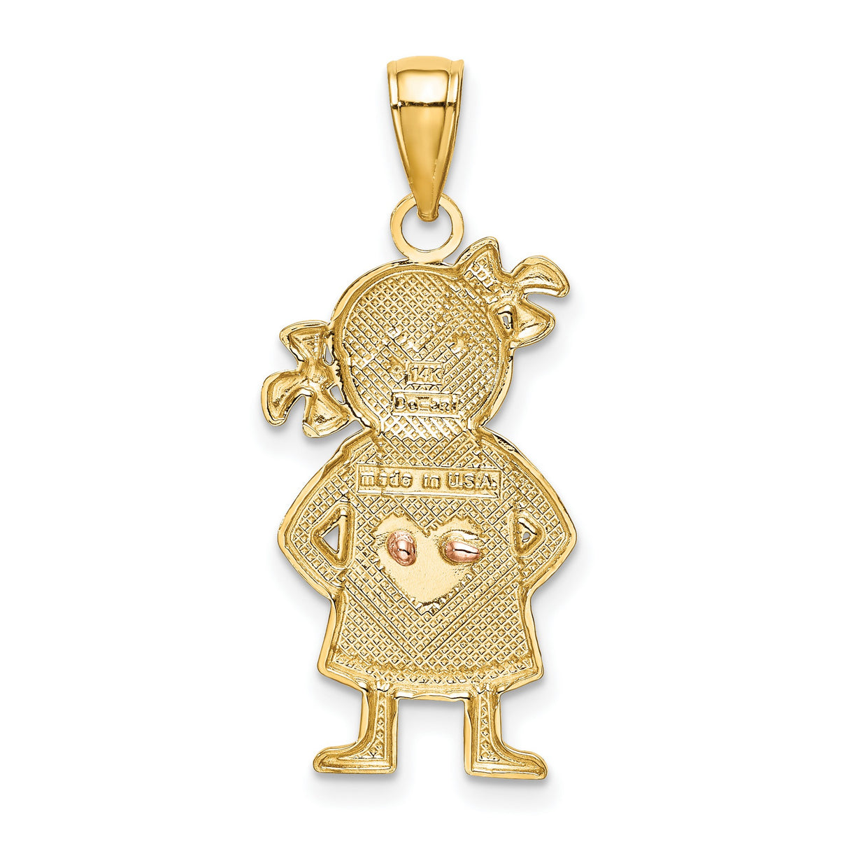 10k Two-Tone Gold Girl Pendant with Rose Gold Heart and White Gold Hair Bows