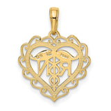 10k Yellow Gold RN Heart Pendant with Caduceus Symbol and Lace Border for Women