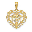 10k Yellow Gold RN Heart Pendant with Caduceus Symbol and Lace Border for Women