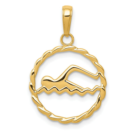 10k Yellow Gold Swimmer Pendant with Cutout Swimmer Design and Twisted Rope Frame