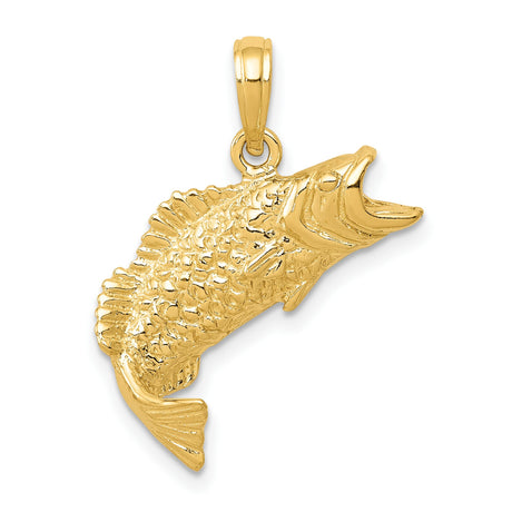 10k Yellow Gold Fish Pendant with Jumping Freshwater Bass Design, Outdoor and Nature Theme
