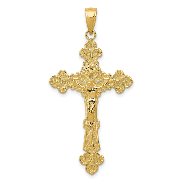 10k Yellow Gold Crucifix Cross Pendant with INRI Jesus Figure, Textured Catholic Design
