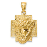 10k Yellow Gold Jesus Head Pendant with Crown of Thorns on Textured Cross