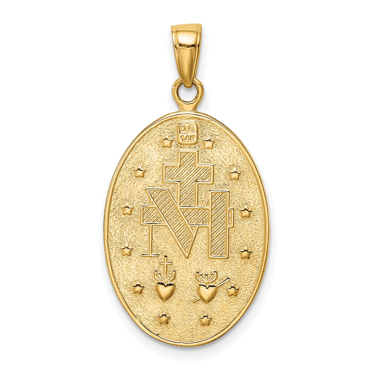 10k Yellow Gold Miraculous Medal Pendant with Virgin Mary and Light Rays, Satin Finish Charm