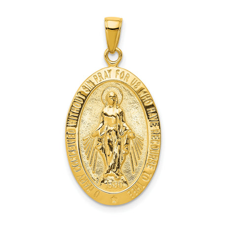 10k Yellow Gold Miraculous Medal Pendant with Virgin Mary and Light Rays, Satin Finish Charm