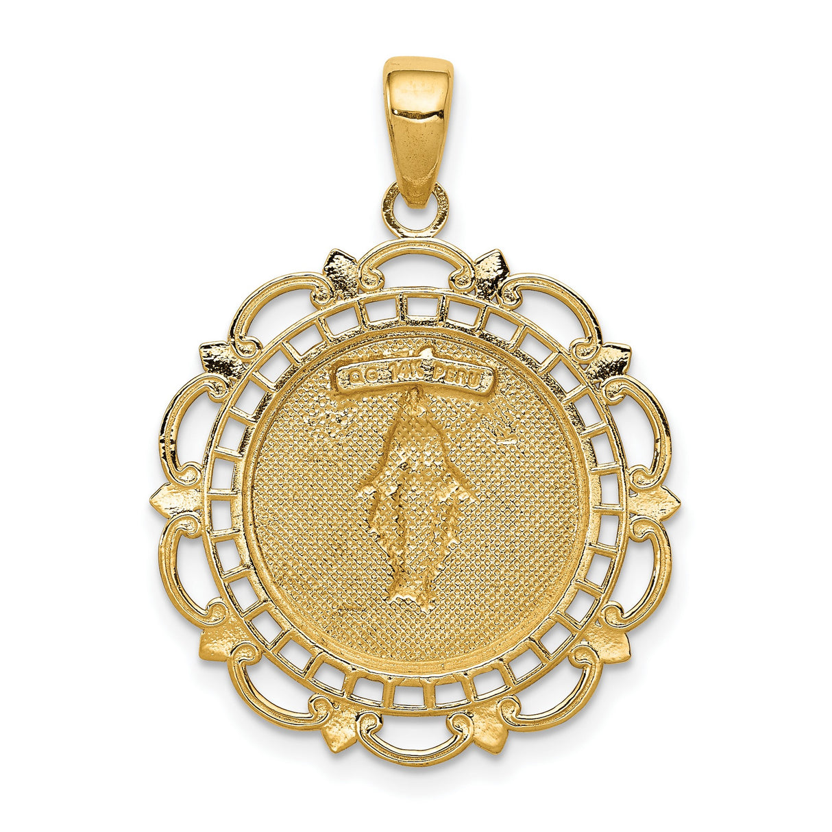 10k Yellow Gold Miraculous Medal Pendant with Virgin Mary and Scallop Frame