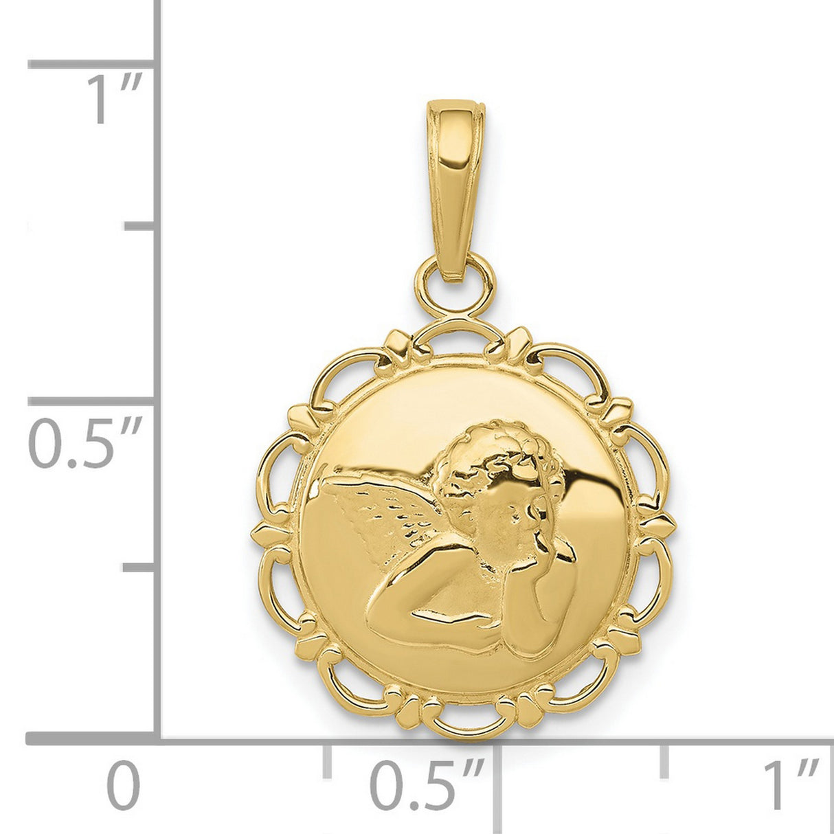 Gold Polished Angel Cherub Round Scallop Frame Charm Pendant in Real 10k Yellow Gold