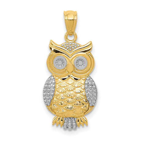 10k Multi-Tone Gold Owl Pendant with Textured Rhodium Detailing, Nature-Inspired Bird Charm