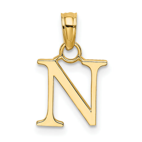 10k Yellow Gold Block N Pendant, Polished Alphabet Letter Charm for Women or Unisex Wear