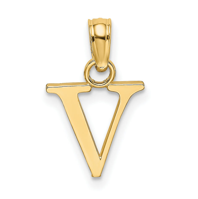 10k Yellow Gold Letter V Pendant Charm, Polished Block Alphabet Initial Jewelry for Women or Unisex