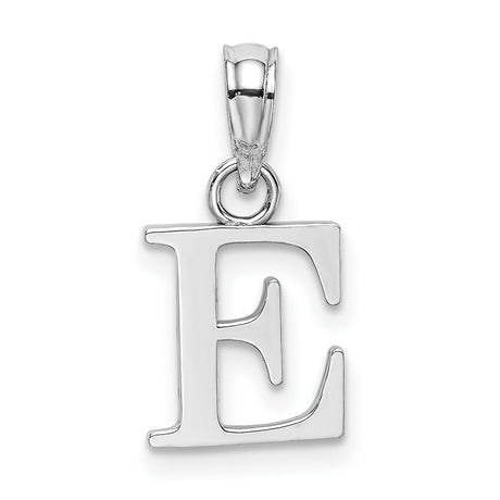 10k White Gold Letter E Pendant, Polished Block Style Initial Charm for Women or Unisex Wear