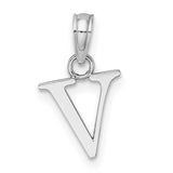 10k White Gold Letter V Pendant, Polished Block Initial Charm for Women