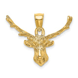 10k Yellow Gold Stag Head Pendant with Antler Detail, Textured Buck Charm for Men