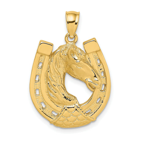 10k Yellow Gold Horse Head Pendant with Detailed Horseshoe, Western Cowboy Style