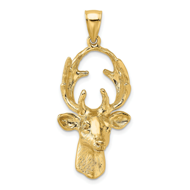 10k Yellow Gold Deer Head Pendant with Detailed Antlers, Nature-Inspired Hunter Jewelry