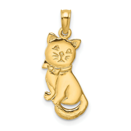 3-D Polished Sitting Cat with Bow Charm Pendant in Real 10k Yellow Gold