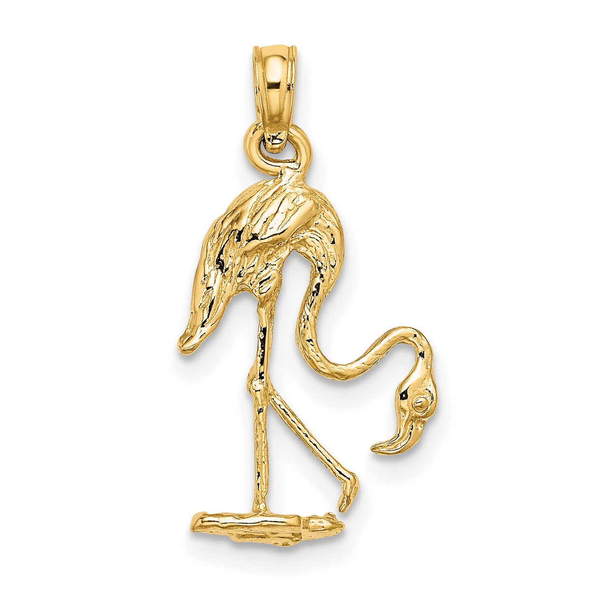 10k Yellow Gold Flamingo Pendant, Textured Standing Bird Charm, Nature-Inspired Jewelry for Women