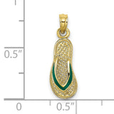 10k Yellow Gold Flip Flop Pendant with Green Enamel Accent, Coastal Charm Jewelry