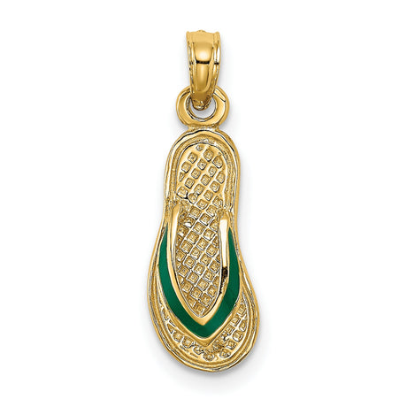 10k Yellow Gold Flip Flop Pendant with Green Enamel Accent, Coastal Charm Jewelry