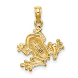 10k Yellow Gold Frog Pendant with Green Enamel Details, Whimsical Animal Charm for Women