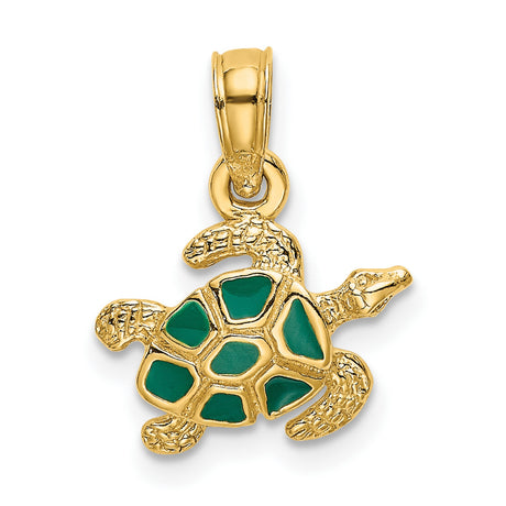 10k Yellow Gold Sea Turtle Pendant with Green Enamel Shell, Ocean Animal Charm