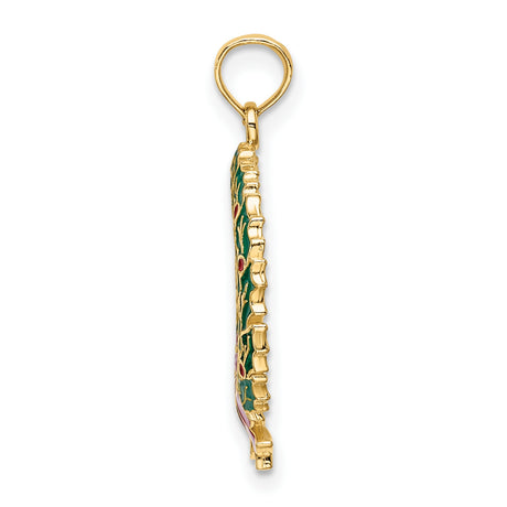 10k Yellow Gold Christmas Wreath Pendant with Green Enamel, Red Bow and Berries