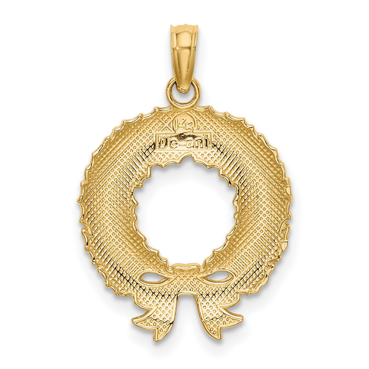 10k Yellow Gold Christmas Wreath Pendant with Green Enamel, Red Bow and Berries
