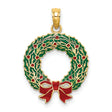10k Yellow Gold Christmas Wreath Pendant with Green Enamel, Red Bow and Berries