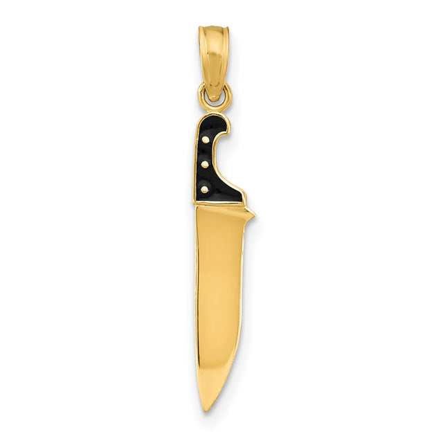 10k Yellow Gold Knife Pendant with Black Handle Design, Edgy Unisex Survival Charm