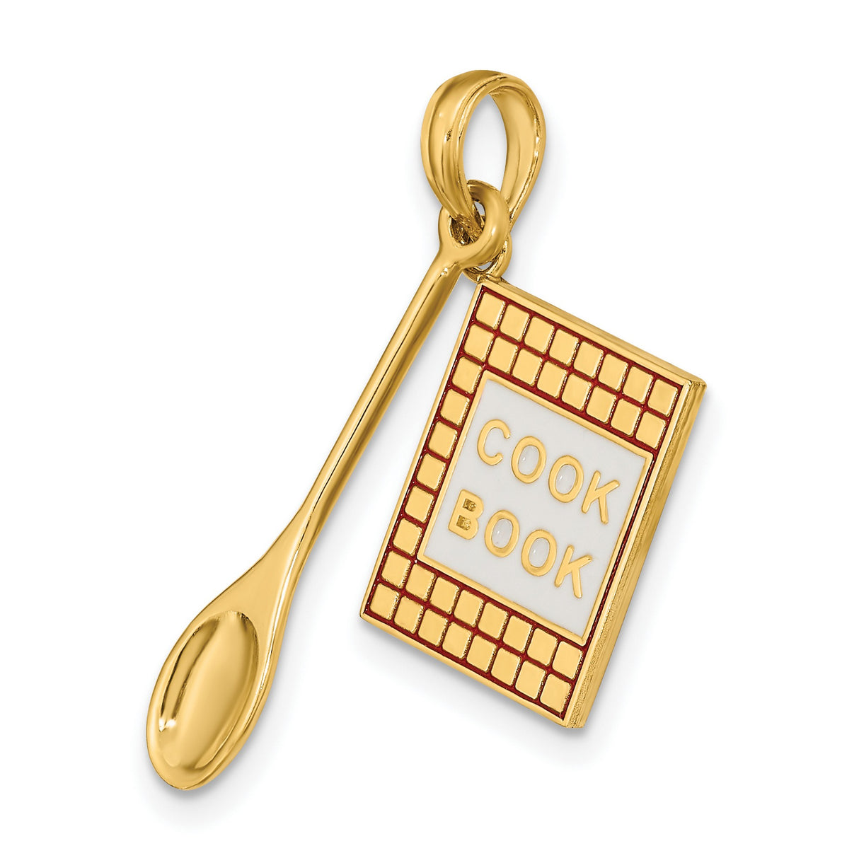 10k Yellow Gold Spoon Pendant with Enamel Cookbook Design, Culinary Charm for Women