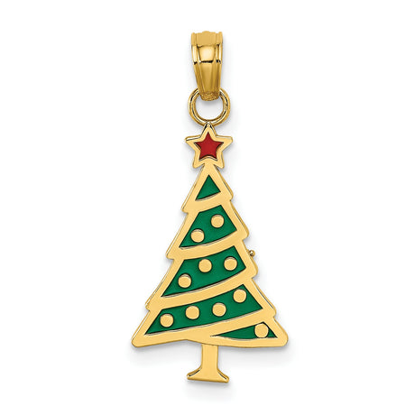 10k Yellow Gold Christmas Tree Pendant with Green and Red Enamel, Star Detail, Holiday Theme
