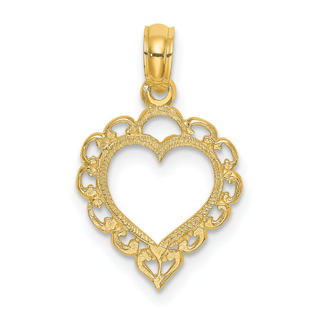 10k Yellow Gold Heart Pendant with Floral Lace Detailing and Vintage Filigree Edges