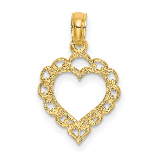 10k Yellow Gold Heart Pendant with Floral Lace Detailing and Vintage Filigree Edges