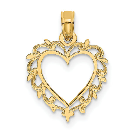 10k Yellow Gold Heart Pendant with Scroll and Leaf Openwork Design