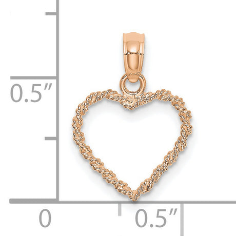10k Rose Gold Heart Pendant with Textured Rope Design, Openwork Love Symbol Charm