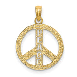 10k Yellow Gold Peace Sign Pendant with Floral Engraving, Retro Boho Style for Women or Unisex Wear