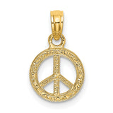 10k Yellow Gold Peace Sign Pendant, Textured Boho Retro Hippie Symbolic Charm for Women and Unisex